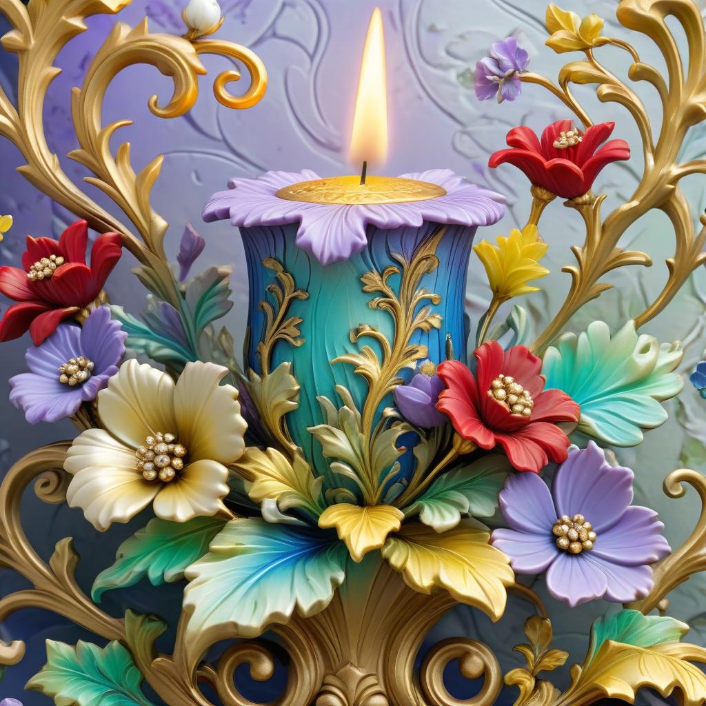  fairy tale a masterpiece. digital illustration. decorative exquisite carved candle gilded one. blue, green, yellow, lilac colors. exquisite rococo pattern, golden highlights, neon splashes, mother of pearl, silver background with small beautiful red and white flowers, hyperrealism, maximum elaboration, 8k . magical, fantastical, enchanting, storybook style, highly detailed