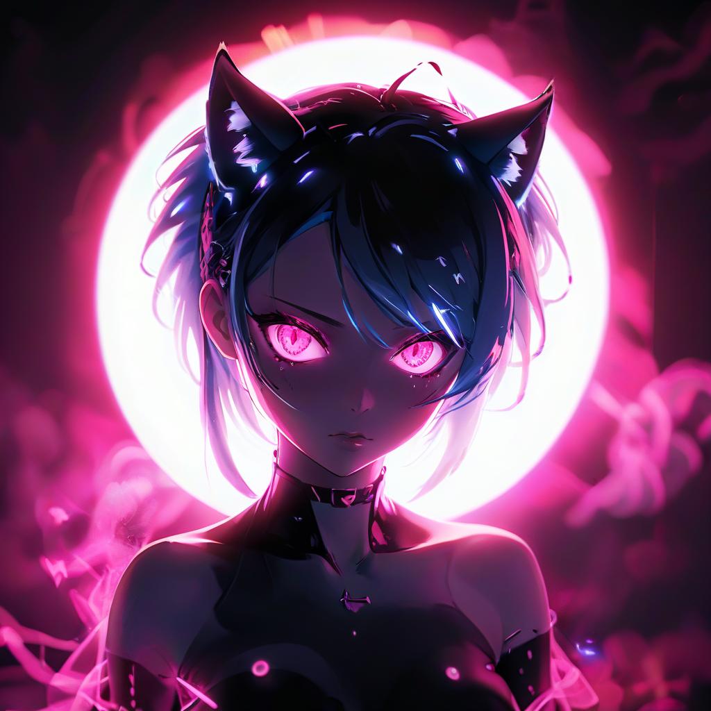  a close up of a person with blue hair, metal cat ears and glowing eyes, anime picture, deep crimson and dark shadows, perfect female body silhouette, bitcoin evil, ((pink)), style of madhouse anime, portrait of evil girl, it is night, looming head, glowneon