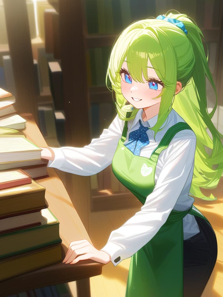  (hd:1.3),(4k 8k:1.5)apron,black pants,clothing,collared shirt,green apron,hair accessory,long sleeves,pants,polka dot pattern,long ponytail,scrunchie,shirt,tied hair,white shirt,blue eyes,green hair,(very smile:1.3),(blush:1.2),(inside a library filled with books) woman,long hair,standing