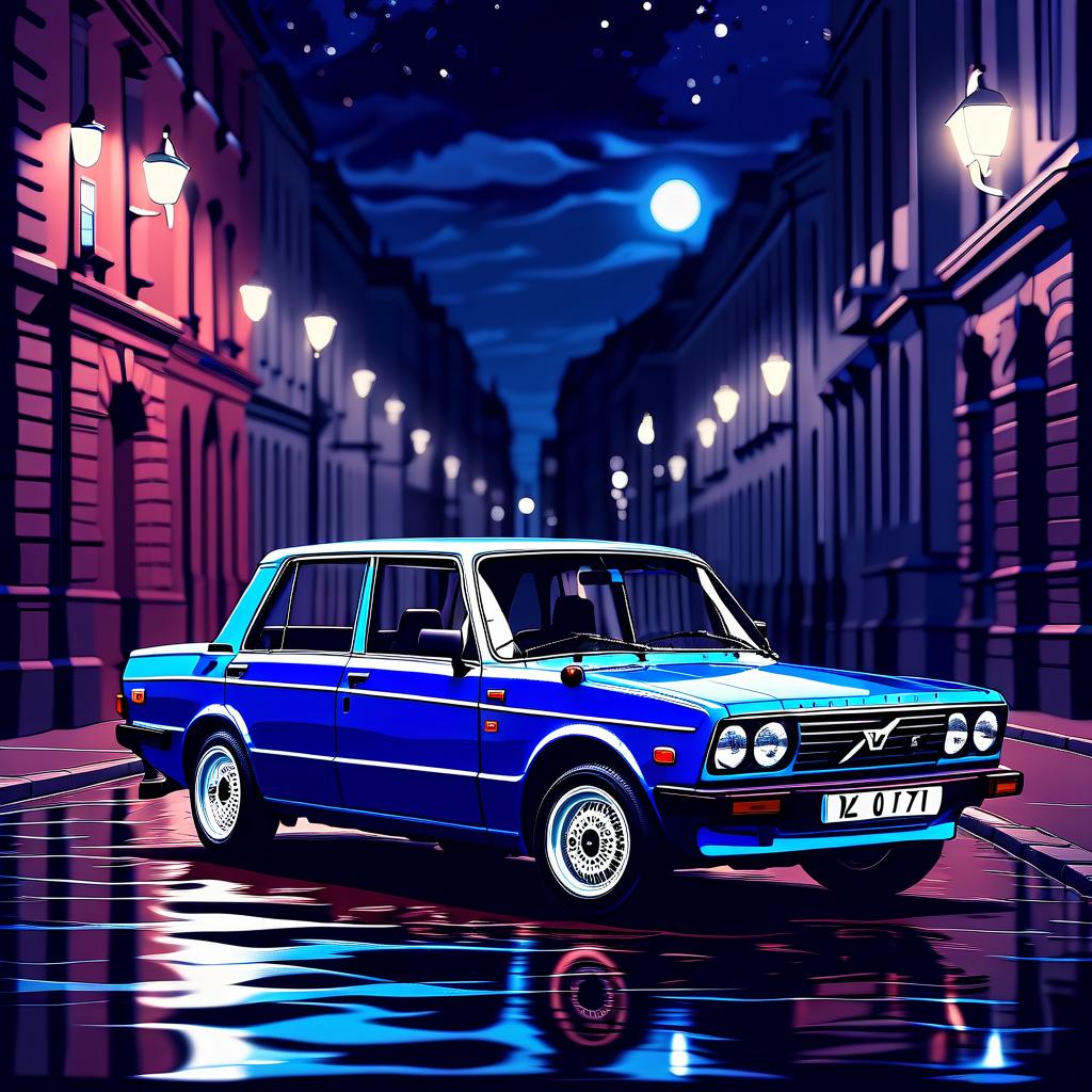  blue vaz 2107 in the blood at night