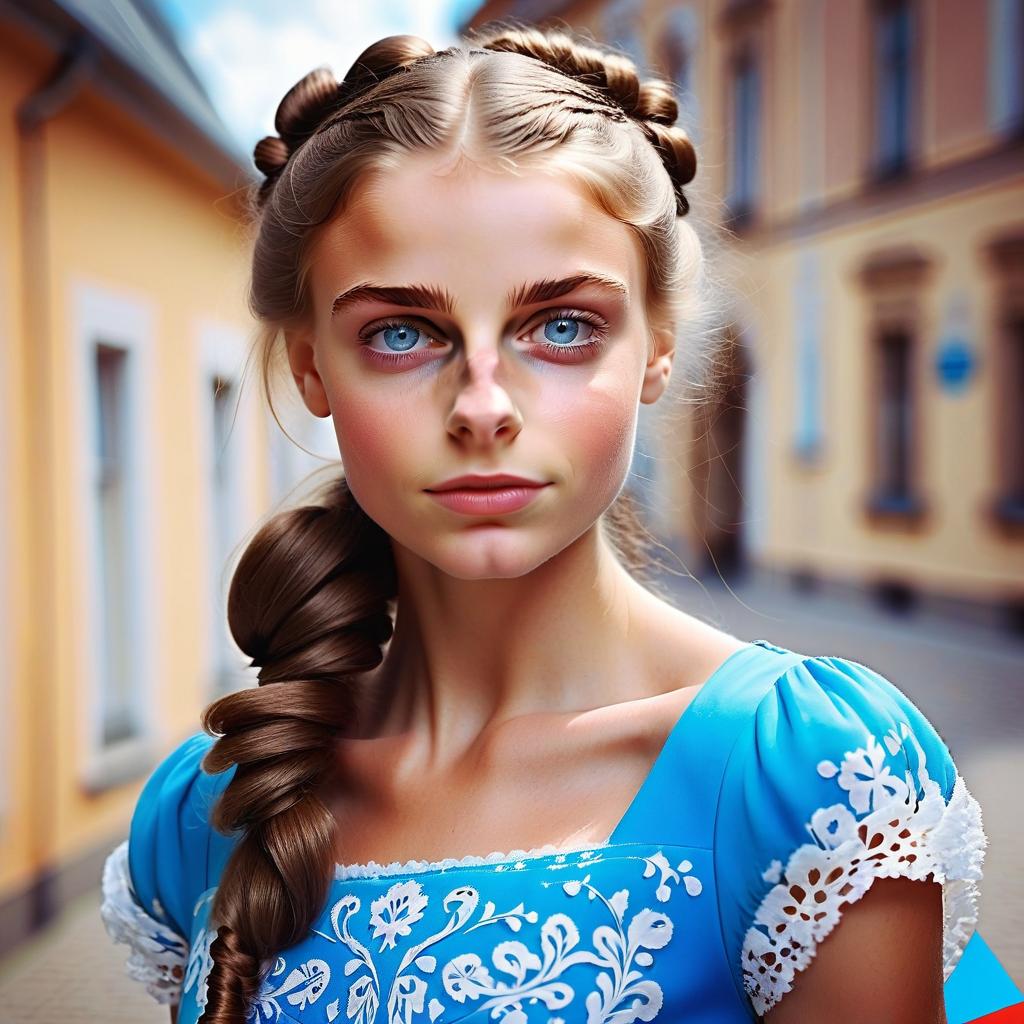  beautiful and confident russian girl, with beautiful blue eyes and long brown hair tied in a bundle. her skin has a warm tint, and her facial features are soft and harmonious. she is wearing a dress that emphasizes her slim figure. she has a strong character and determination, but at the same time remains gentle and caring.