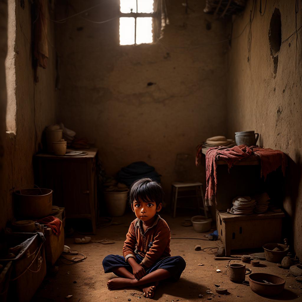  an image of a poor a child sitting in his home. the focus of image should be from front.