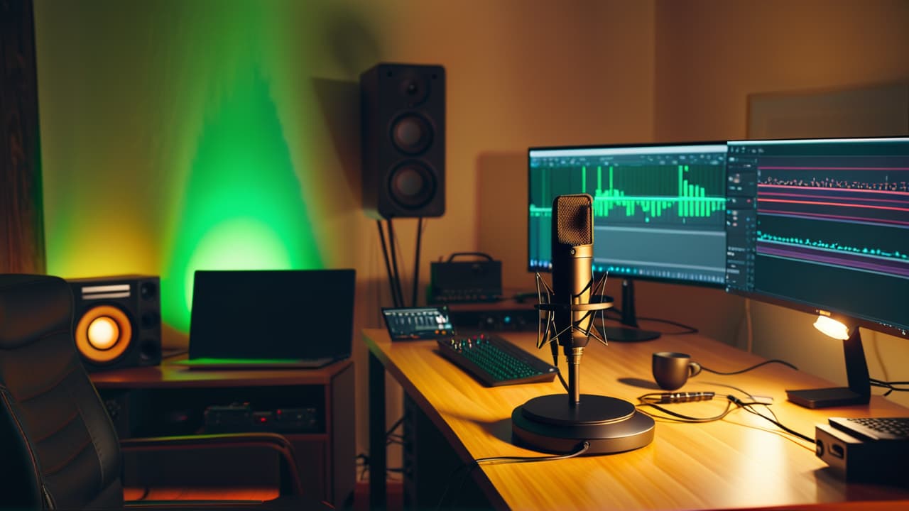  a cozy home studio setup featuring a microphone on a stand, headphones, a laptop with audio editing software open, soundproofing panels on the walls, and notes scattered across a desk, all illuminated by soft lighting. hyperrealistic, full body, detailed clothing, highly detailed, cinematic lighting, stunningly beautiful, intricate, sharp focus, f/1. 8, 85mm, (centered image composition), (professionally color graded), ((bright soft diffused light)), volumetric fog, trending on instagram, trending on tumblr, HDR 4K, 8K