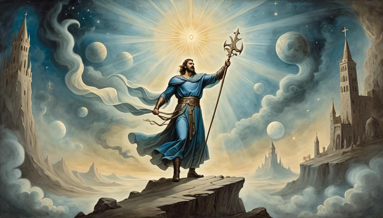  on parchment, surrealism+++, majestic figure being lifted by radiant light, celestial backdrop, divine intervention theme(mysterious, provocative, symbolic,muted color)+++