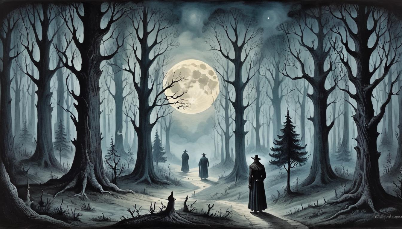  on parchment, surrealism+++, moonlit forest, shadowy figures hiding, dark trees, quiet tension, secrecy(mysterious, provocative, symbolic,muted color)+++