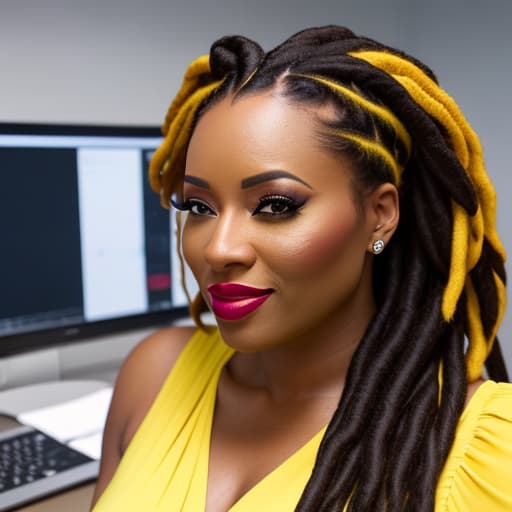  (African American woman, graphic designer, hair in locs in an updo style, woman sitting at a computer desk in a luxury office, woman is wearing a beautiful while and yellow dress), photorealistic, highly detailed, 4k, high quality hyperrealistic, full body, detailed clothing, highly detailed, cinematic lighting, stunningly beautiful, intricate, sharp focus, f/1. 8, 85mm, (centered image composition), (professionally color graded), ((bright soft diffused light)), volumetric fog, trending on instagram, trending on tumblr, HDR 4K, 8K