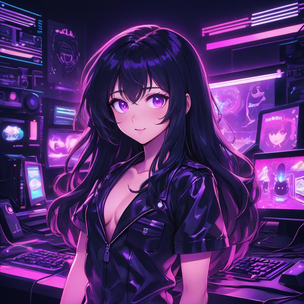  anime artwork a girl with long black hair and purple eyes, ( ( ( synthwave ) ) ), beautiful kawaii lighting, my computer icon, dark short curly hair smiling, ultra phonk, stream, on, kami, ( ( ( in a dark, glowy . anime style, key visual, vibrant, studio anime, highly detailed