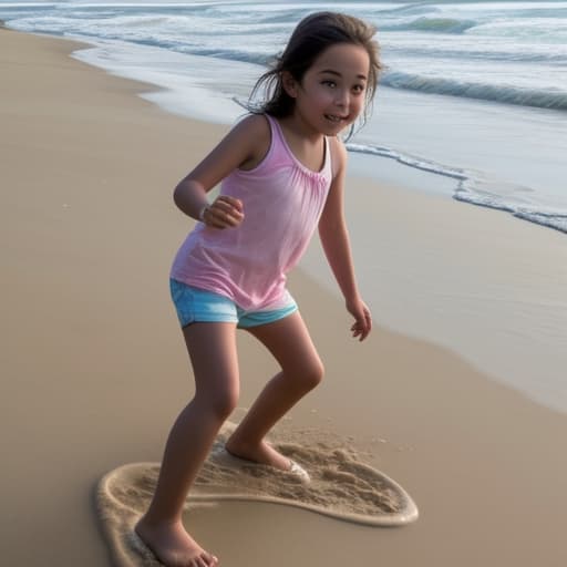  girl child wearing only shorts playing on beach