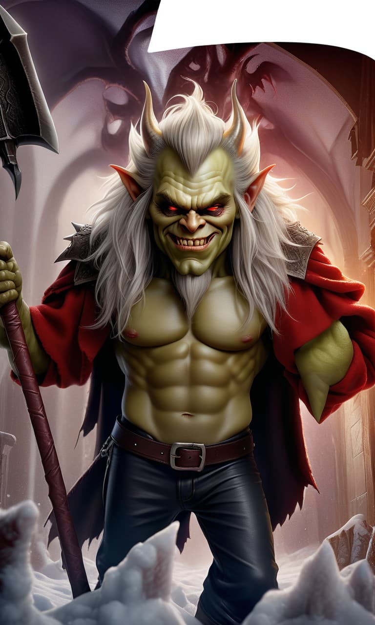  hyperrealistic art an evil goblin king, a crown on his head, with a small beard, red eyes, an evil grin on his face, a mantle with a fluffy collar, a large axe on his shoulder, a sporty physique. . extremely high resolution details, photographic, realism pushed to extreme, fine texture, incredibly lifelike, perfecteyes, hkmagic