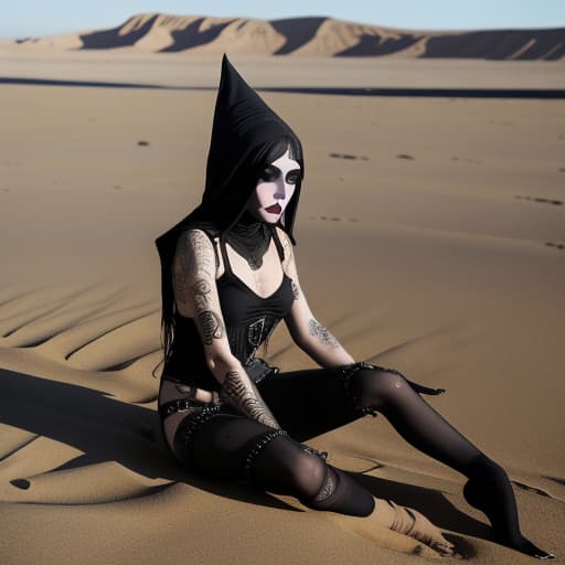  araffe sitting on the sand with her legs crossed and her leg up, killstar, goth girl, in desert, 1 7 - year - old goth girl, goth woman, dark goth queen, brutal black clothes, in a desert, standing in sand, witchcore clothes, black lipstick, grunge, goth punk clothes, goth girl aesthetic, on a beach