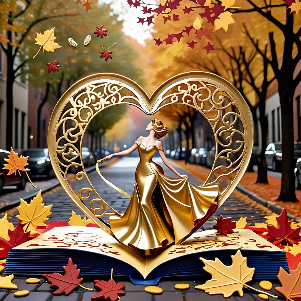  luxury product style on a carpet of yellow leaves in a simple dress of wind given crepe autumn danced a waltz boston in an alleyway. the warm day flew away and the saxophone sang hoarsely. (background of the card): falling autumn leaves, a whirlwind of autumn leaves, wind saxophone, ((a box of chocolates, the inscription "autumn waltz")) , a greeting card. (heart), a beautiful figure made of contours in the shape of a heart. (heart colour): night sky background, stars, gold pattern. (style):fantasy, autumn art, autumn romance. (colours):gold, green gold, navy blue, red, red gold, brown gold, silver, golden blue, bluish blue, dark blue on gold . elegant, sophisticated, high end, luxurious, professional, highly detailed