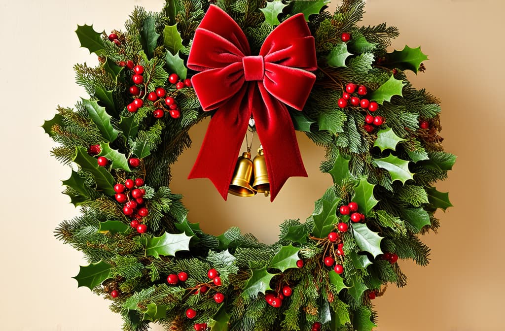  professional detailed photography, a classic holiday wreath of lush holly leaves with bright red berries scattered throughout. a large red velvet bow crowns the wreath and golden bells hang from the base ar 3:2, (muted colors, dim colors, soothing tones), (vsco:0.3)