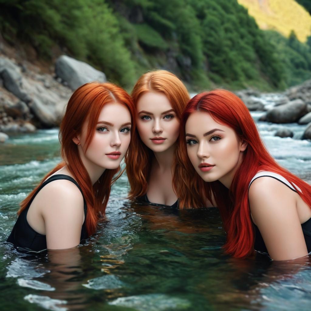  three red headed girls being intimate in the river under the mountains photo realistic, highly intricate and detailed, masterpiece, ultra high res,photography,8k resolution