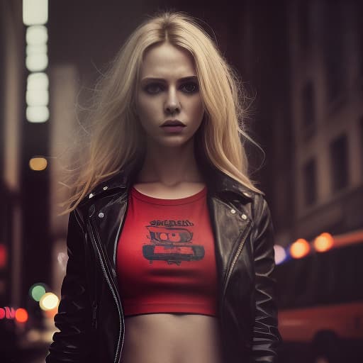  a woman holding a gun, she is pointing the gun at the viewer , urban settings, long blonde hair , opened black jacket, red crop top shirt , black leather pants ,(illustration), (high resolution), dramatic lighting, somber atmosphere, detailed background with city buildings and streets, dark color tones, realistic art style, ultra detailed,explosion in the background , dramatic lights around the woman ,low angle shot , art photography , close up on the woman