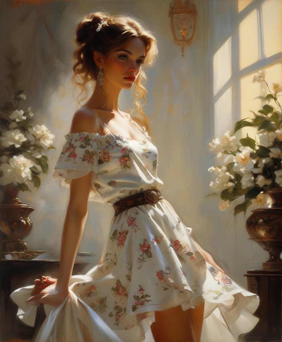  hyper realistic, young woman, vintage, dramatic light, oil on canvas, , white floral dress, art by frank frazetta, fabian perez, luis royo, daniel f.gerhartz, mary blair, michael garmash.