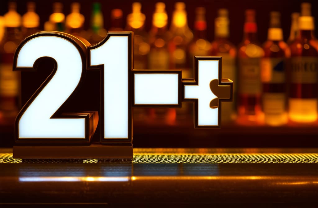  closeup on 3d letters "21+" at bar counter, whiskey bottle blurred in background ar 3:2 {prompt}, maximum details