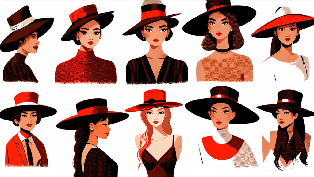  flat illustration, flaticon, (illustration:1.15), different beauty. set of different female heads in hats. different races and nationalities. colored hand drawn illustration ar 16:9, [cory loftis, strobist, pascal campion :: 0.2]