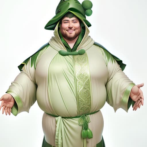  A chubby man dressed as a druid, wearing a dark green robe with a green hood. Around him, there's a green magical aura. He's smiling. He has a green hood on his head. hyperrealistic, full body, detailed clothing, highly detailed, cinematic lighting, stunningly beautiful, intricate, sharp focus, f/1. 8, 85mm, (centered image composition), (professionally color graded), ((bright soft diffused light)), volumetric fog, trending on instagram, trending on tumblr, HDR 4K, 8K