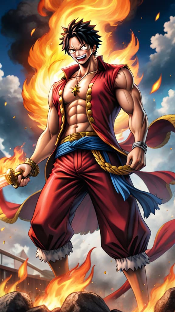  ace from one piece gasps, phoenix like flames reigniting his spirit, wounds closing, amidst the battle of marineford anime art hyperrealistic, full body, detailed clothing, highly detailed, cinematic lighting, stunningly beautiful, intricate, sharp focus, f/1. 8, 85mm, (centered image composition), (professionally color graded), ((bright soft diffused light)), volumetric fog, trending on instagram, trending on tumblr, HDR 4K, 8K