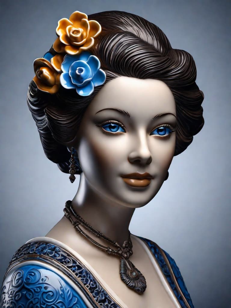  Close-up porcelain female figurine, looking to the camera, glossy surface, glaze, shiny, blue floral tattoos on her, dark gradient background, baroque dark style, hyperrealistic, CG society, intricate details