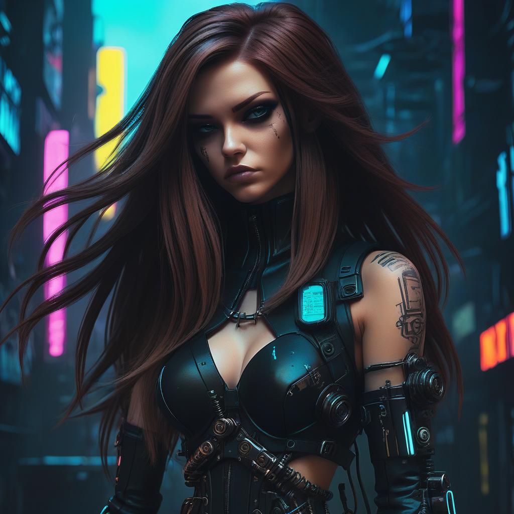  cyberpunk game style girl, gothic, long brown hair, long black sharp nails . neon, dystopian, futuristic, digital, vibrant, detailed, high contrast, reminiscent of cyberpunk genre video games