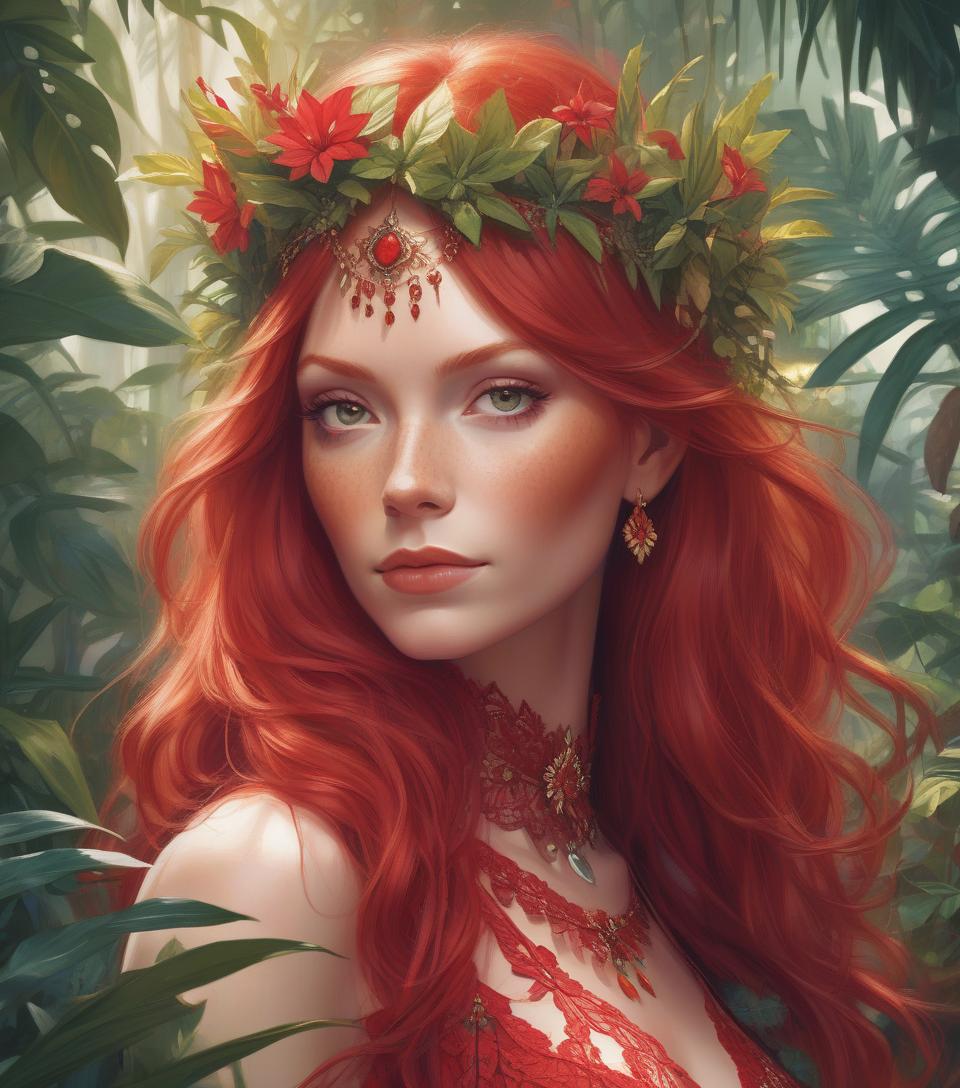  portrait of beautiful red haired bohemian queen wearing red colour lace surrounded by jungle plants and flowers art by mike mayhew and mark brooks and ross tran 8k resolution