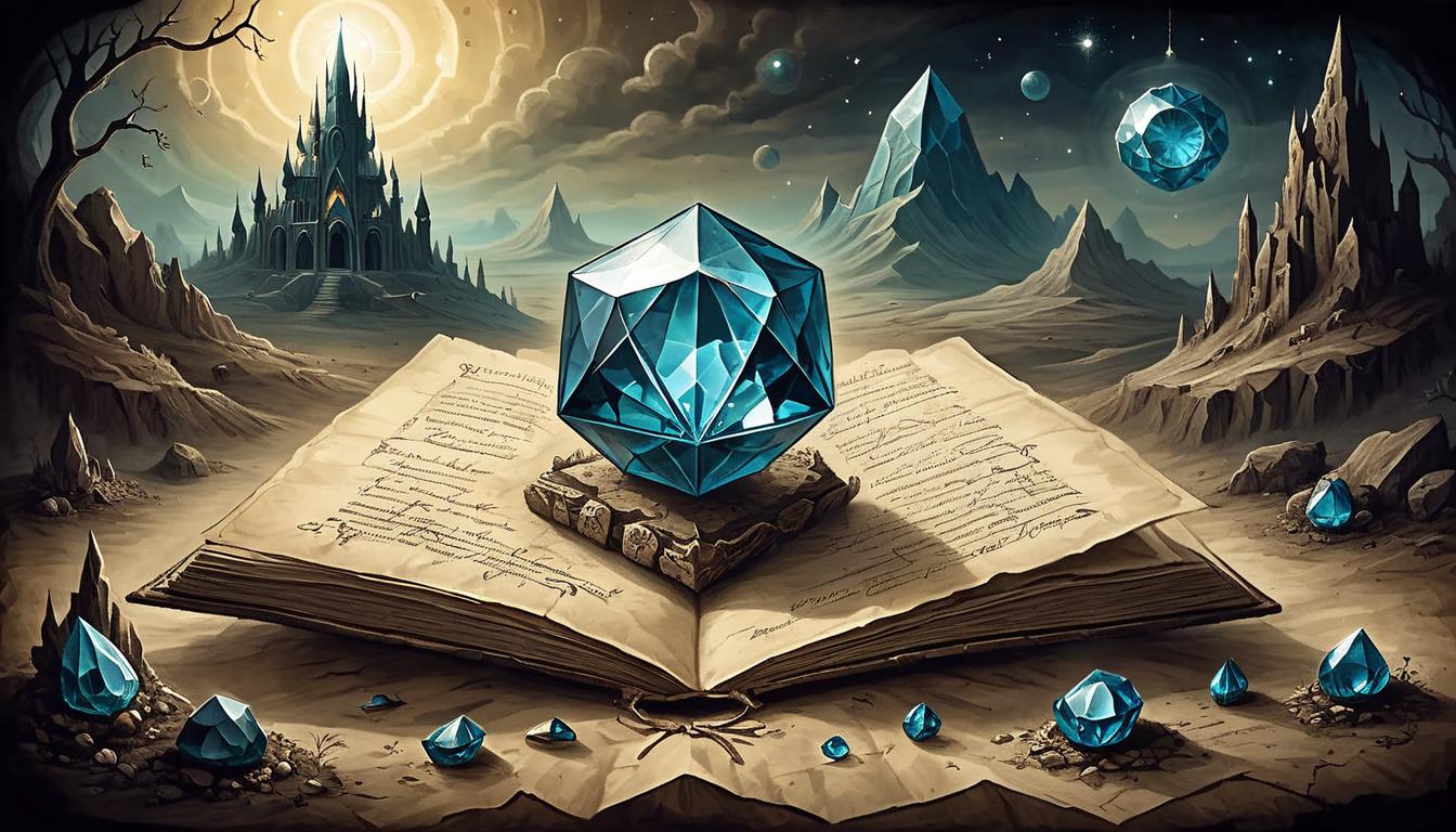  on parchment, surrealism+++, a radiant gem uncovered in dark soil, shining with inner light, surrounded by darkness, intricately faceted, revelation, discovery(mysterious, provocative, symbolic,muted color)+++