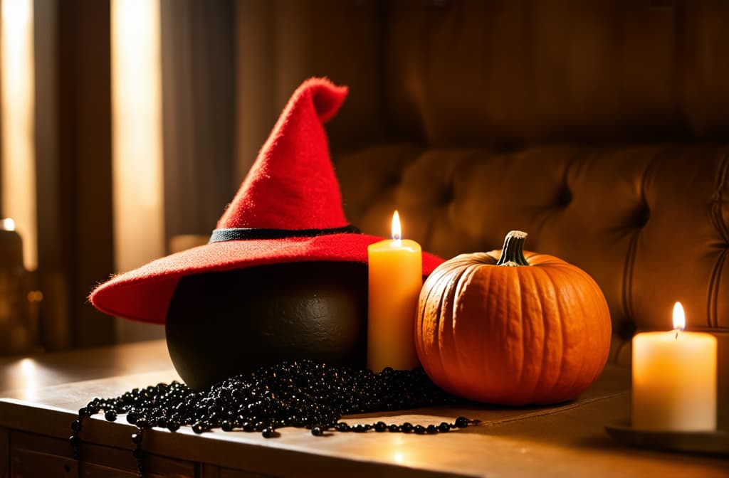  cinematic film style, pumpkin, cauldron, red witch hat, candles, black beads ar 3:2, shallow depth of field, vignette, maximum details, high budget hollywood movie, bokeh, cinemascope, moody, epic, gorgeous, sun rays and shadows on furniture and surfaces, flattering light, raw photo, photography, photorealistic, 8k resolution, f1.4, sharpened focus, sharp focus