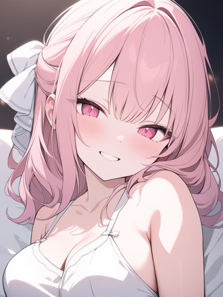  pink hair, curly hair, smile, girl, shy, masterpiece, best quality,8k,ultra detailed,high resolution,an extremely delicate and beautiful,hyper detail