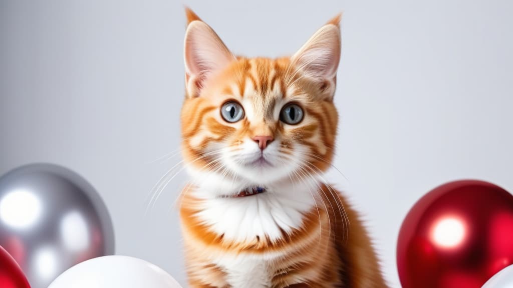  Christmas cat. Cat with gold foil balloons. Red kitten on a Christmas festive white background. ar 16:9 high quality, detailed intricate insanely detailed, flattering light, RAW photo, photography, photorealistic, ultra detailed, depth of field, 8k resolution , detailed background, f1.4, sharpened focus