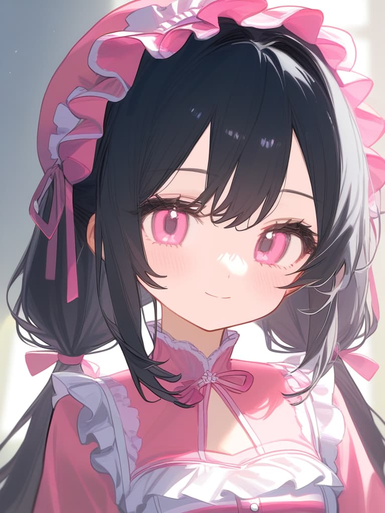  girl,solo,cute face focus,light pink eyes,black hair,headdress,corset,frill onepiece,frill ribbon,long straight hair,cute girl,young,cute color,pink gradation hair color,white eyelash color,low twin tails,light smile,