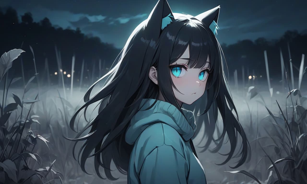  monochrome image for music in the genre of breakcore in gloomy style. a girl in anime style with cat ears with long black hair stands in an empty and night field dressed in a sweater of warm and pastel color and pants. the girl looks into the darkness with black lower eyelids under the eyes full of fear of the unknown and curiosity, and the bright turquoise eyes themselves stand out against the background of everything. the image uses warm and bed tones. . black and white, contrast, tone, texture, detailed