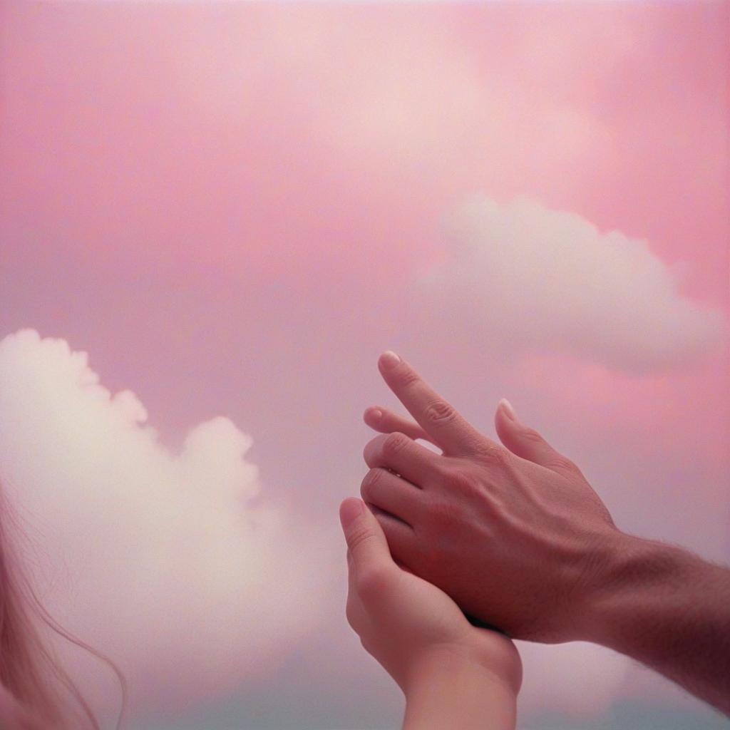  analog film photo the girl's hand touches the man's cheek, pink and white shades, light fog, clouds in the background, a room in pastel shades. . faded film, desaturated, 35mm photo, grainy, vignette, vintage, kodachrome, lomography, stained, highly detailed, found footage