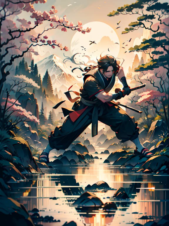  master piece, best quality, ultra detailed, highres, 4k.8k, young adult male samurai, engaging in a quick sword strike, determined, break samurai in action, traditional japanese garden, cherry blossoms, stone lanterns, bamboo grove, wooden training dummy, break serene yet intense, dynamic motion lines, heightened contrast to emphasize the samurai's movement, white background, scenery, ink, mountains, water, trees