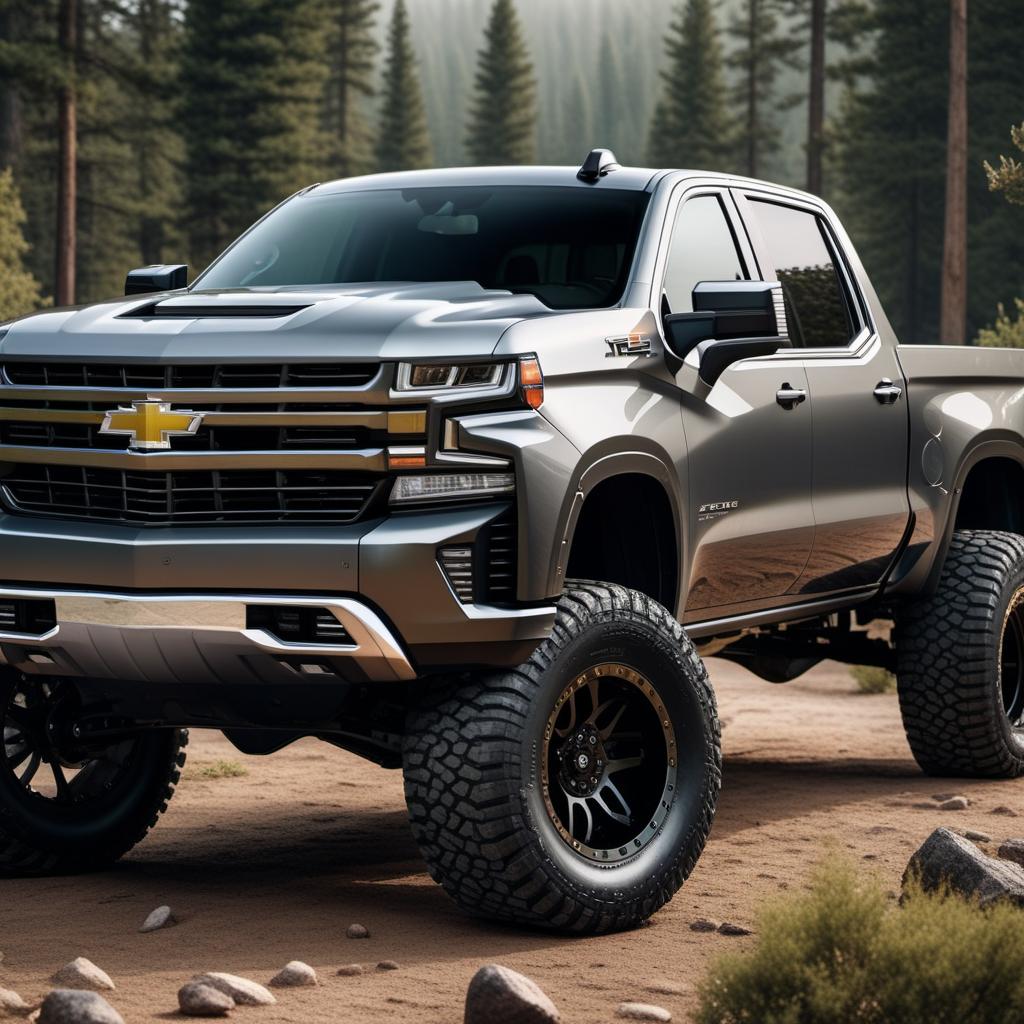  A Chevy Silverado with a 6-inch lift kit and big tires, parked in an outdoor setting. hyperrealistic, full body, detailed clothing, highly detailed, cinematic lighting, stunningly beautiful, intricate, sharp focus, f/1. 8, 85mm, (centered image composition), (professionally color graded), ((bright soft diffused light)), volumetric fog, trending on instagram, trending on tumblr, HDR 4K, 8K