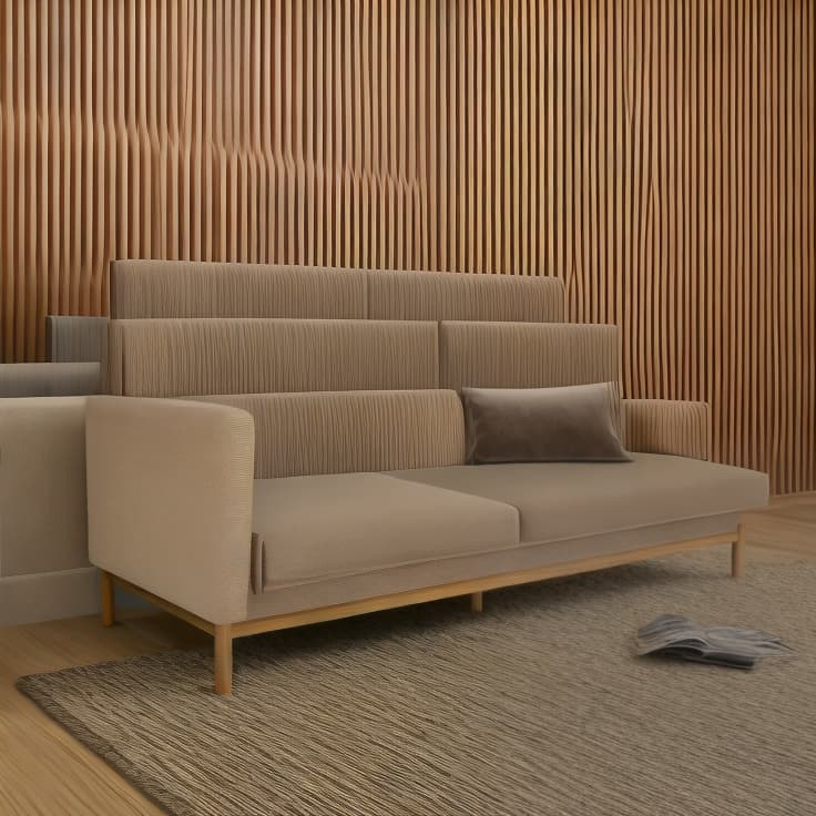  ultra realistic highr resolution at the wall add vertical panel design featuring narrow, evenly spaced vertical slats in a light wooden texture. each slat is rectangular and has a consistent height and width, creating a rhythmic pattern across the surface. the slats are positioned closely together, casting subtle shadows in the gaps between them. the background behind the slats is darker, providing contrast and highlighting the light color and fine wood grain texture of the slats. modern design, chair, sofa, the overall lighting is soft, accentuating the smoothness and natural texture of the wood without harsh reflections. floor, and ceiling will remain untouched hyperrealistic, full body, detailed clothing, highly detailed, cinematic light