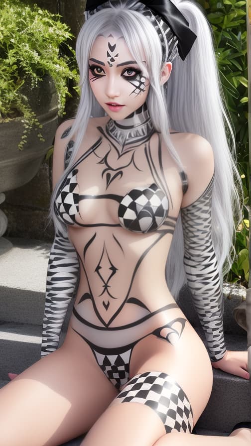  Chessboard check body paint in every corner of the body, Silver body paint all over the body,Silver face paint on the face, Dark elf 女性