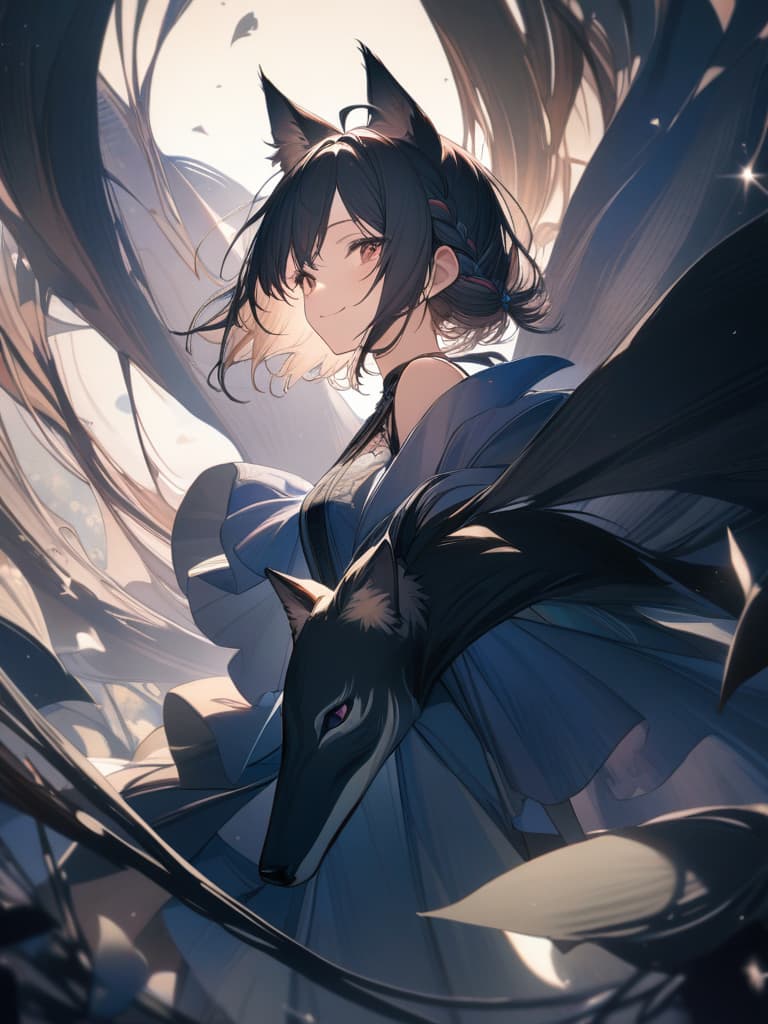  black hair, short hair, smile, cute, gradation, braided ears, first blue, fox ears, whole body, virtual, vocaloid, masterpiece, best quality,8k,ultra detailed,high resolution,an extremely delicate and beautiful,hyper detail