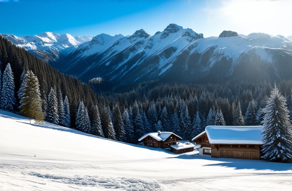  professional detailed photography, winter alpine landscape with snow covered houses and ski slopes on a sunny day, christmas ar 3:2, (muted colors, dim colors, soothing tones), (vsco:0.3)