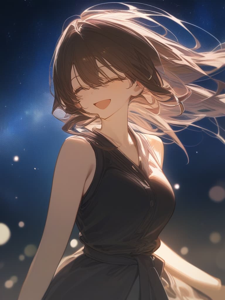  a girl who is laughing at me, bright brown hair, long hair, transparent fleeting, facing here, laughing, under the starry sky, facing here, i am looking at me, wearing a dough cardigan from the top of a black sleeveless, up from the waist, masterpiece, best quality,8k,ultra detailed,high resolution,an extremely delicate and beautiful,hyper detail