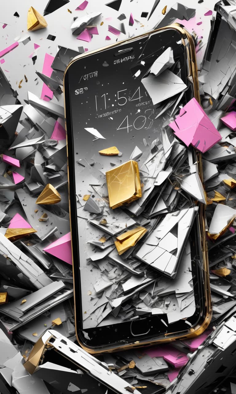  concept art black, white, gold, pink broken phone, shards, chips . digital artwork, illustrative, painterly, matte painting, highly detailed, perfect hands