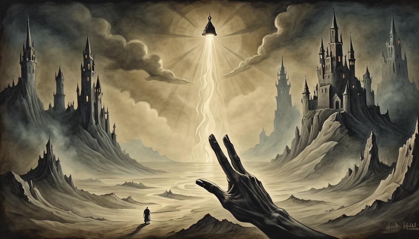  on parchment, surrealism+++, dark, outstretched hands reaching for a beacon of light, desperate grasp, contrast of hope and despair, yearning, unfulfilled longing(mysterious, provocative, symbolic,muted color)+++