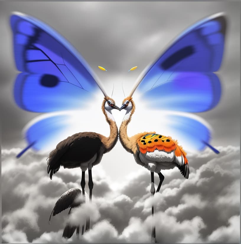  a colorful abstract picture of, two ostriches with bold eyes, forming a face and a body of another flying butterfly at their background, , hyperrealistic, high quality, highly detailed, perfect lighting, intricate, sharp focus, f/1. 8, 85mm, (centered image composition), (professionally color graded), ((bright soft diffused light)), trending on instagram, HDR 4K, 8K