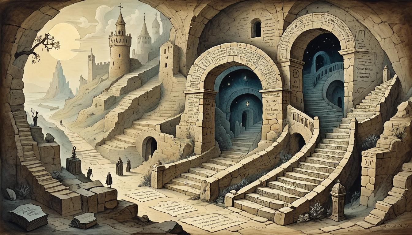  on parchment, surrealism+++, a figure climbing a winding stone staircase, walls adorned with ancient texts, distant light at the top, arduous path, perseverance, ascent(mysterious, provocative, symbolic,muted color)+++