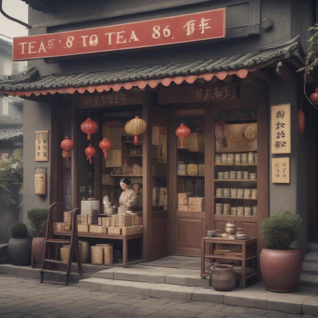  chinese town, tea store, tea ceremony, sign text “tea875”, epic foto, 4k