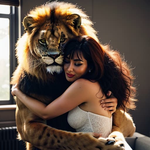  a big cat hugs a cute girl in the living room,pokemon,lion hyperrealistic, full body, detailed clothing, highly detailed, cinematic lighting, stunningly beautiful, intricate, sharp focus, f/1. 8, 85mm, (centered image composition), (professionally color graded), ((bright soft diffused light)), volumetric fog, trending on instagram, trending on tumblr, HDR 4K, 8K