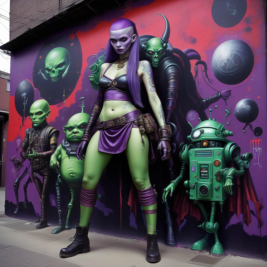  graffiti style a group of space pirates, a young alien of thai appearance, 20 year, purple skin, medium sized elastic , elegant thin waist, long slender legs, green hair. man, 40 year, small, fat, bald, black. next to the droid and minotaur. full length image, steampunk, dieselpunk, paropunk, standing in a space tavern, against a background of red light. . street art, vint, urban, detailed, tag, mural