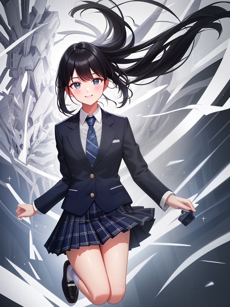  white shirt, tie, uniform, dark blue blazer, plaid pleated , white socks, smiles, beautiful legs, black hair, jumping, masterpiece, best quality,8k,ultra detailed,high resolution,an extremely delicate and beautiful,hyper detail