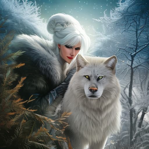  The Snow Queen and the White Wolf are moving away into the winter forest, ahead is the Moon. Note: This translation tries to stay as close to the original Russian sentence structure as possible while maintaining readability in English., wildlife photography, photograph, high quality, wildlife, f 1.8, soft focus, 8k, national geographic, award winning photograph by nick nichols hyperrealistic, full body, detailed clothing, highly detailed, cinematic lighting, stunningly beautiful, intricate, sharp focus, f/1. 8, 85mm, (centered image composition), (professionally color graded), ((bright soft diffused light)), volumetric fog, trending on instagram, trending on tumblr, HDR 4K, 8K