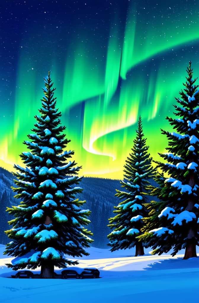  flat illustration, flaticon, (illustration:1.15), fir trees in snow, northern lights, winter, lots of snow, lots of sky, bright colors ar 2:3, [cory loftis, strobist, pascal campion :: 0.2]